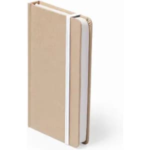 A notebook with a beige cover, featuring a white elastic band and blank pages inside.