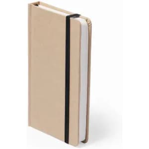 A notebook with a brown kraft cover, secured with a black elastic band, featuring white pages inside.