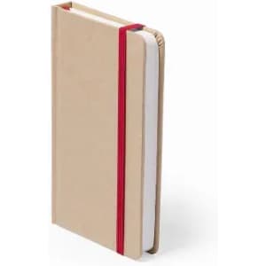 A notebook with a beige cover and a red elastic band. It features blank pages and has a minimalist design.