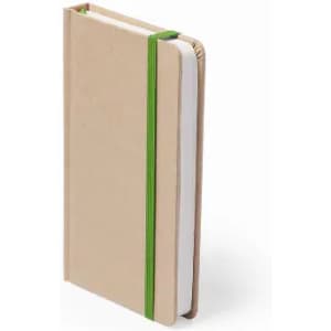A beige notebook with a green elastic band, featuring a textured cover and blank pages.