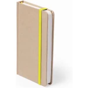 A tan notebook with a textured cover, secured by a bright yellow elastic band. It contains blank pages.