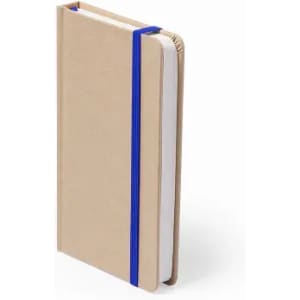 A notebook with a kraft cover secured by a blue elastic band, featuring blank white pages.