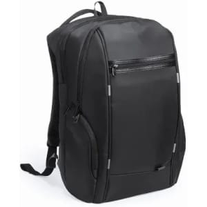 A black backpack featuring multiple zippered compartments and adjustable straps with a mesh back for comfort.