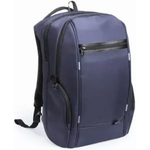 A backpack in navy blue, featuring a zippered front pocket and padded shoulder straps.