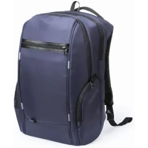 A backpack in dark navy blue with multiple compartments and adjustable straps. It features a zippered front pocket and a mesh back.