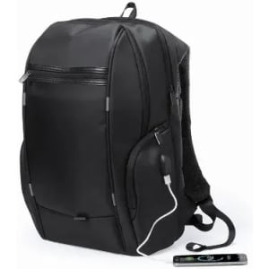 A black backpack with multiple compartments, a smooth exterior, and a USB charging port on the side.