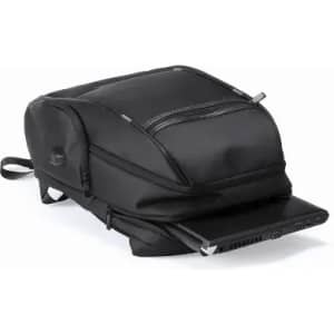A black backpack with a laptop compartment and multiple zippers for storage. It features a sleek and modern design.