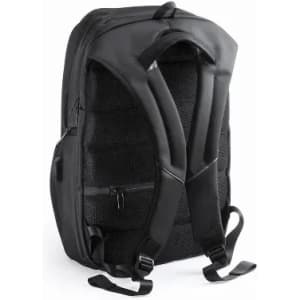 A black backpack featuring padded straps and a textured back panel, with a zippered pocket and sleek design.