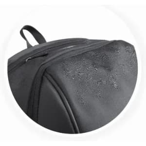 A backpack in black material with a water-resistant finish, featuring a zipper on the top for storage.