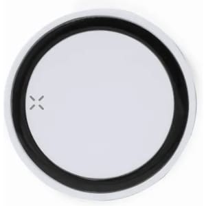 A round drink bottle lid in silver and black, featuring a smooth, flat surface with a central logo.
