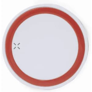 A round drink bottle with a white body and a red rim, featuring a small logo on the side.