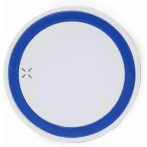 A round product with a white surface and a blue border, featuring a logo at the centre.