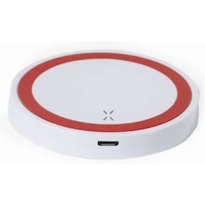 A wireless charger with a white base and a red circular edge, featuring a small USB port.