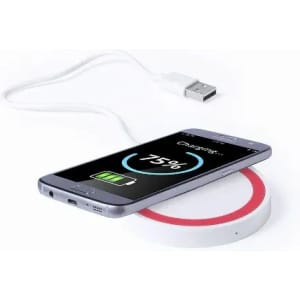 A wireless charger with a red and white base, charging a smartphone displaying a 75% battery.