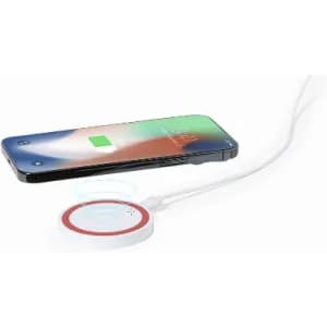 A wireless charger with a circular base in white, next to a smartphone displaying a charging icon.
