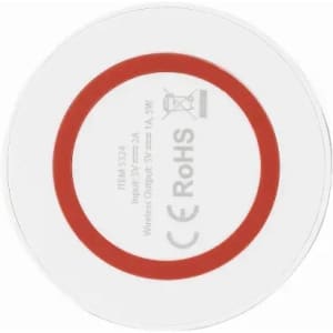 A wireless charger in white and red, featuring branding and technical specifications on the bottom.