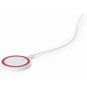 A round white wireless charger with a red accent and a connecting white cable.
