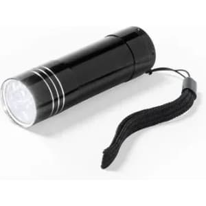 A black flashlight with a textured grip and wrist strap, featuring a bright LED light at one end.