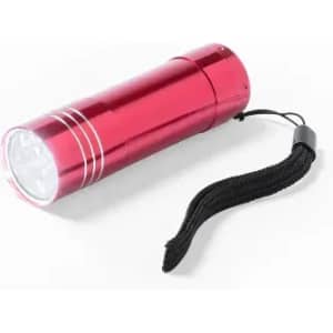 A red torch with a cylindrical body and a black wrist strap is displayed.