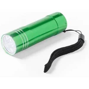 A green flashlight with a textured grip and a black wrist strap. It features multiple LED lights at the front.