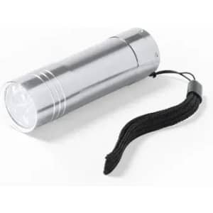 A silver flashlight with a black wrist strap, featuring a sleek cylindrical design and multiple LED lights at the front.
