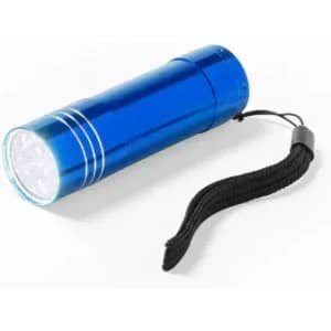 A blue flashlight with a textured surface and a black strap attached.