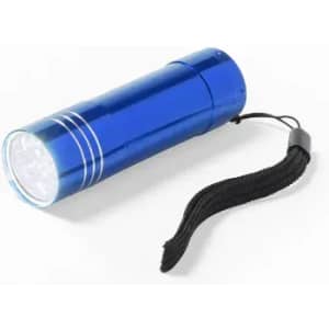 A blue flashlight with a textured black strap, featuring a circular array of lights at the front.