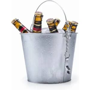 A silver bucket filled with ice and several bottles, showcasing their colourful labels and metallic caps.