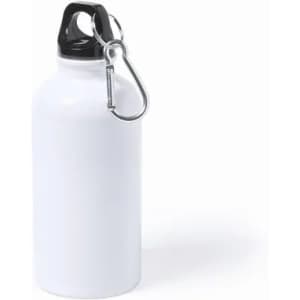 A drink bottle in white with a black lid and a metal carabiner attached.