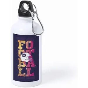 A drink bottle in white with a black lid and a metal carabiner, featuring a vibrant graphic design.