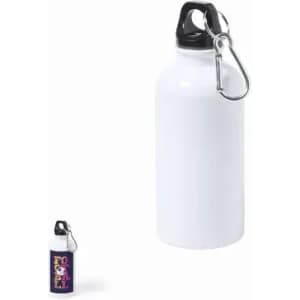 A drink bottle duo featuring a large white bottle with a black cap and a smaller colourful bottle, both with carabiner clips.