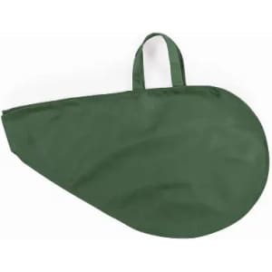 A green promotional product bag with a handle, featuring a rounded design. It has a logo.