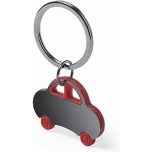 A keyring featuring a red and silver car-shaped design with a metal keyring attachment.