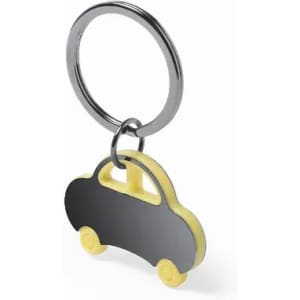 A keyring featuring a car-shaped design in black and yellow with a shiny metal ring.