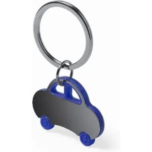 A key ring in the shape of a blue car, featuring a shiny metallic finish. The design includes wheels and a loop for attachment.
