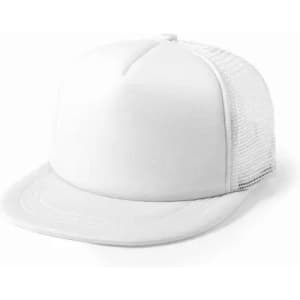 A white cap with a mesh back, featuring a flat brim. The cap has a simple design without visible logos.