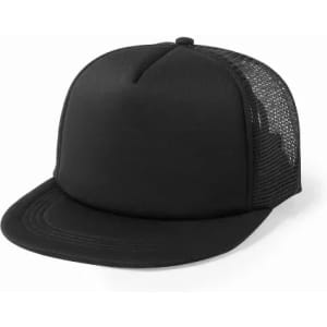 A black cap with a solid front and mesh back, featuring a curved brim and a structured design.