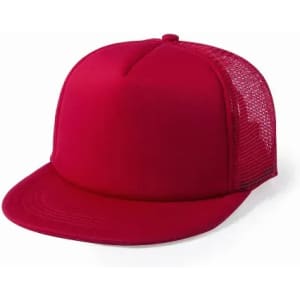 A red cap with a solid front and mesh back, featuring a curved peak.