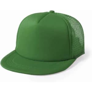 A green cap with a solid front and mesh back, featuring a curved peak.