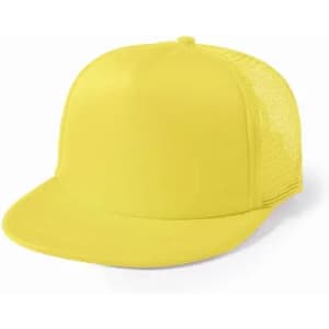 A yellow cap with a mesh back and a flat brim. The design is simple and bold in colour.