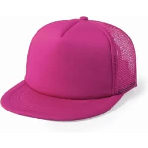 A pink cap with a solid front and mesh back, featuring a flat brim and round top.