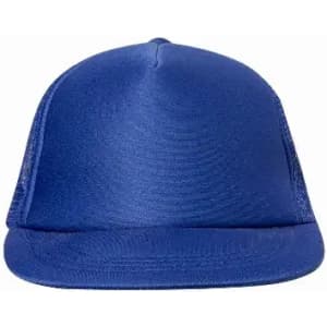 A blue cap with a flat brim and mesh sides, featuring a structured crown and a solid colour throughout.