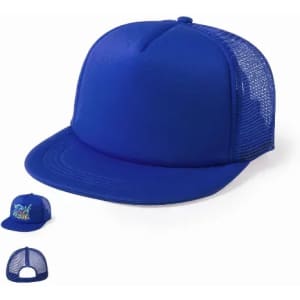 A blue cap with a solid front and mesh sides, featuring a logo on the front.