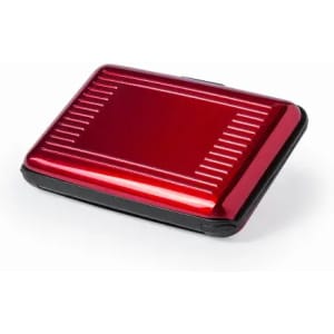 A red and black wallet with a sleek design and textured surface. It has a compact shape and a glossy finish.