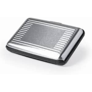 A silver metallic wallet with a textured surface and a black interior. It features a logo on the front.