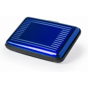 A blue promotional wallet with a sleek design and a black border, featuring a glossy finish and ridged details.