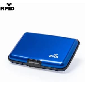 A blue RFID blocking card holder with a sleek design and a secure closure. It features a logo on the top.