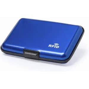 A blue RFID wallet with a sleek design and a secure clasp closure. It features a logo on the surface.