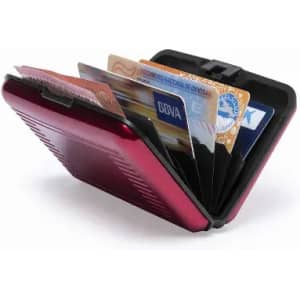 A red card wallet with multiple slots, displaying various cards inside. It features a clasp for secure closure.