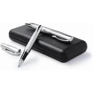 A set of silver pens rests on a black case, showcasing a sleek and modern design.